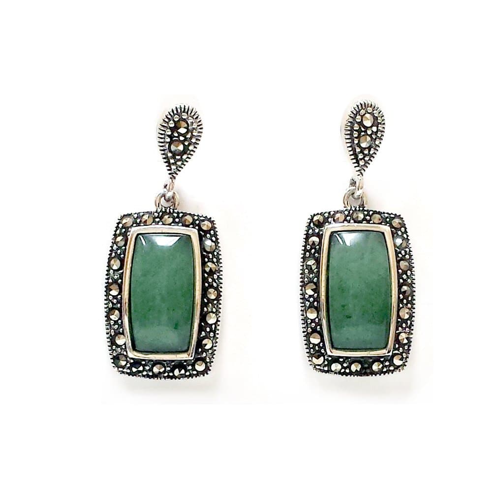 SILVER EMPIRE Fine Jewelry 925 Sterling Silver Dangle Earrings Natural Adventurine Green Stone &Swiss Marcasite Post Backs Oxidized and Hypoallergenic