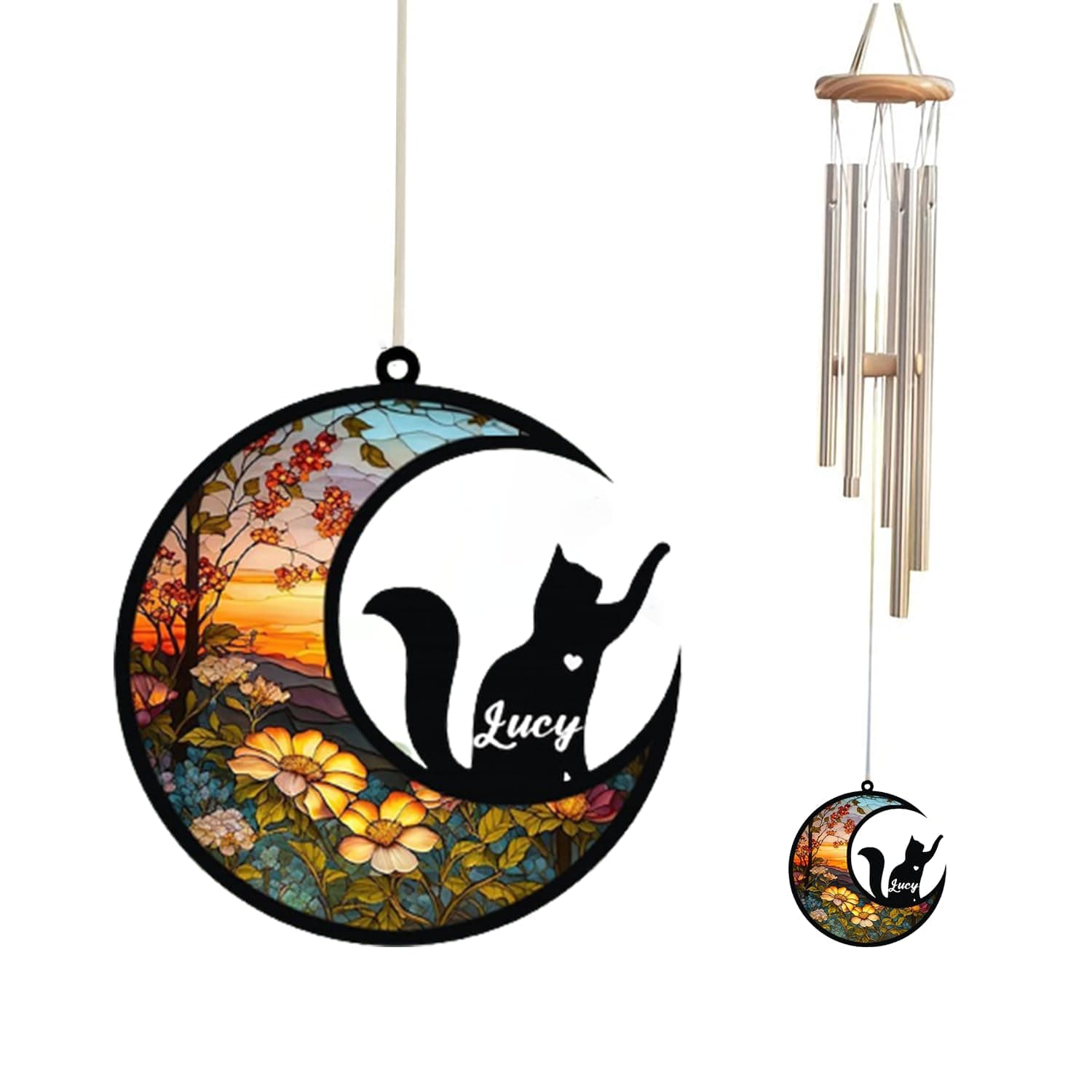 Custom Pet Cat Memorial Suncatcher Wind Chime, Pet Loss Sympathy Gift, Cat Memorial Gift, Cat Loss Keepsake, Garden Decor, Cat and Flowers 5