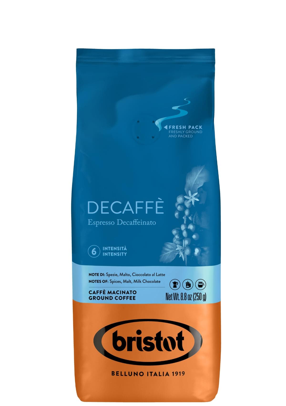 Bristot Decaf Ground Espresso – Medium Roast Italian Coffee – Smooth & Bold Flavor – For Moka, French Press and Filter - 8.8 oz (250g)