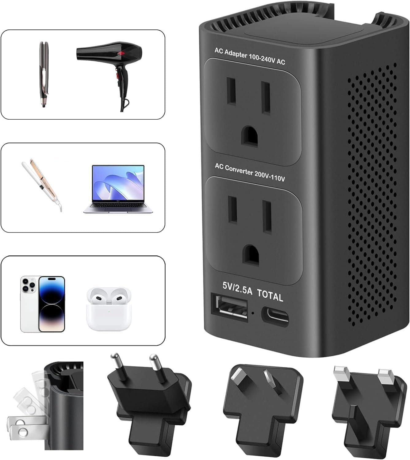 220v to 110v Voltage Converter US to Europe, Power Converter Adapter Combo (Black)