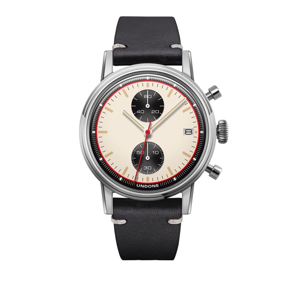 Undone "Urban Chronograph Hybrid Mechanical Quartz Stainless Steel White Leather Black Date Vintage Men's Watch