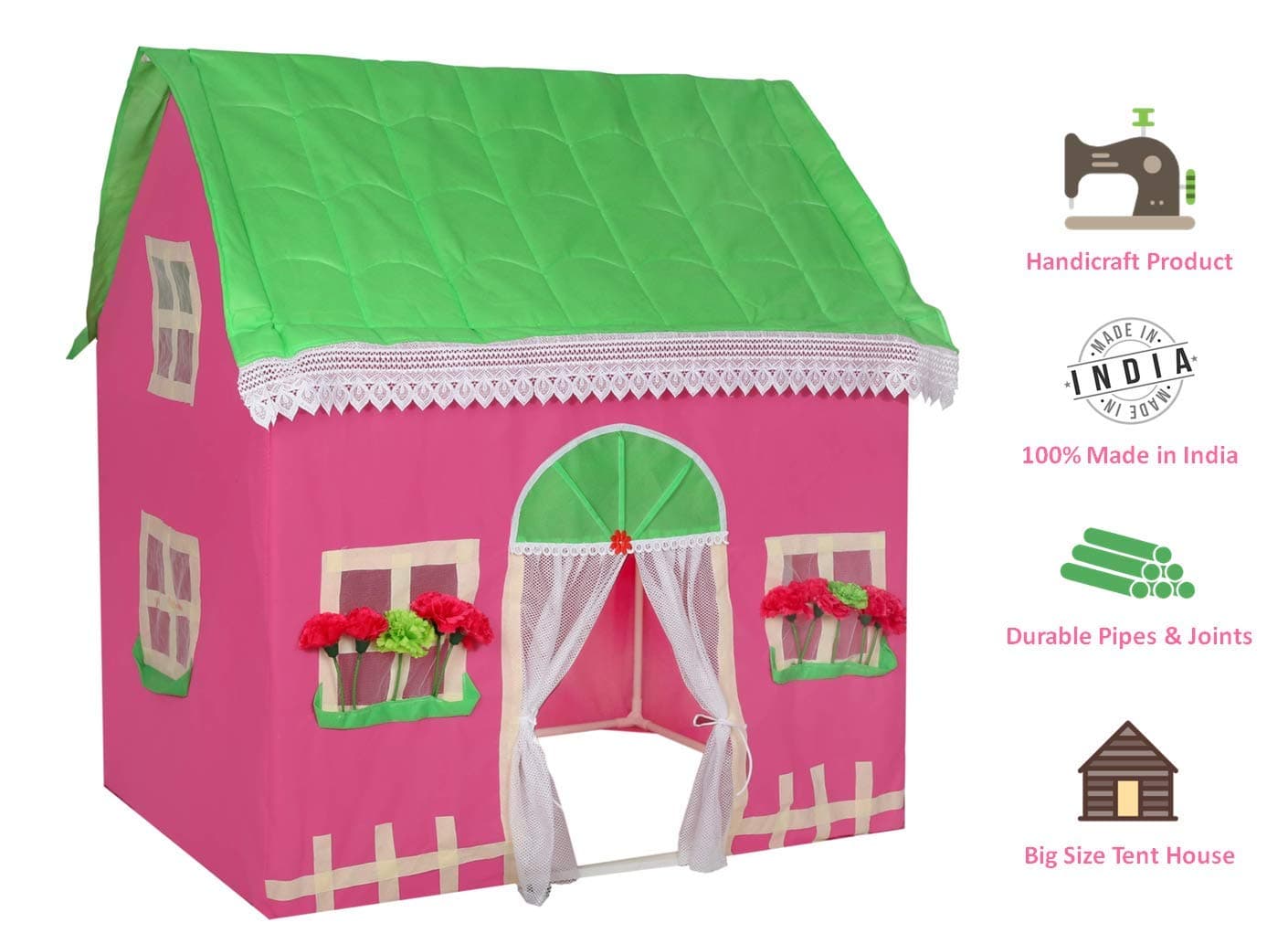 Playhood My Sweet Home - Big Size Kids Tent House - Made in India - Handicraft Tent - Pink & Green