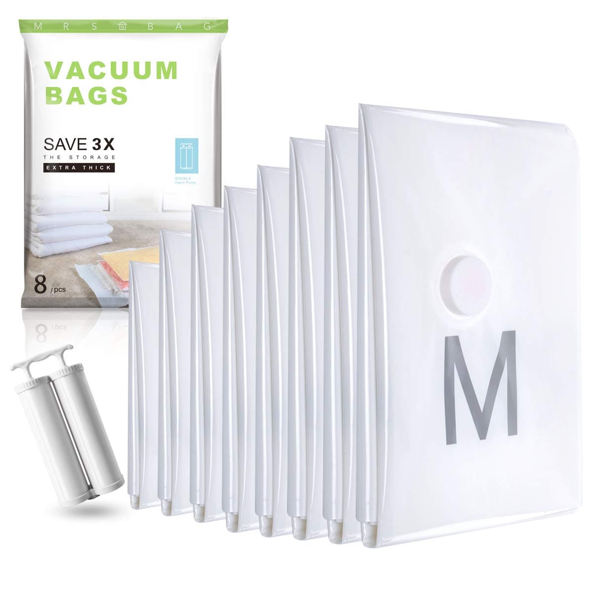 Premium Space Saver Vacuum Storage Bags - Extra Thick(100 Micron) 8 Pack (2*Jumbo+4*X-Large+2*Small) with Double Hand Pump for Travelling, Clothing Storage, Clothes, Bedding & Compression