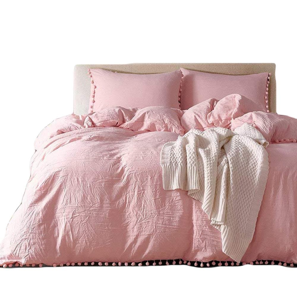 YEVEM Washed Cotton Full Queen 3 Piece Solid Coral Pink Duvet Cover Set with Pom Pom Zipper Closure Simple Bedding Set(1 Comforter Cover 2 Pillowcases)