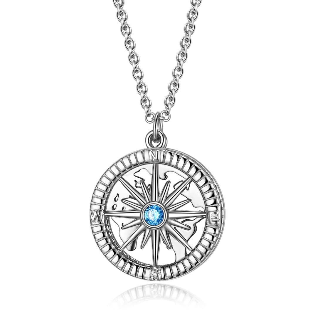 Compass Pendant Necklace Sterling Silver Navy Travel Map Necklaces for Women Men 18"