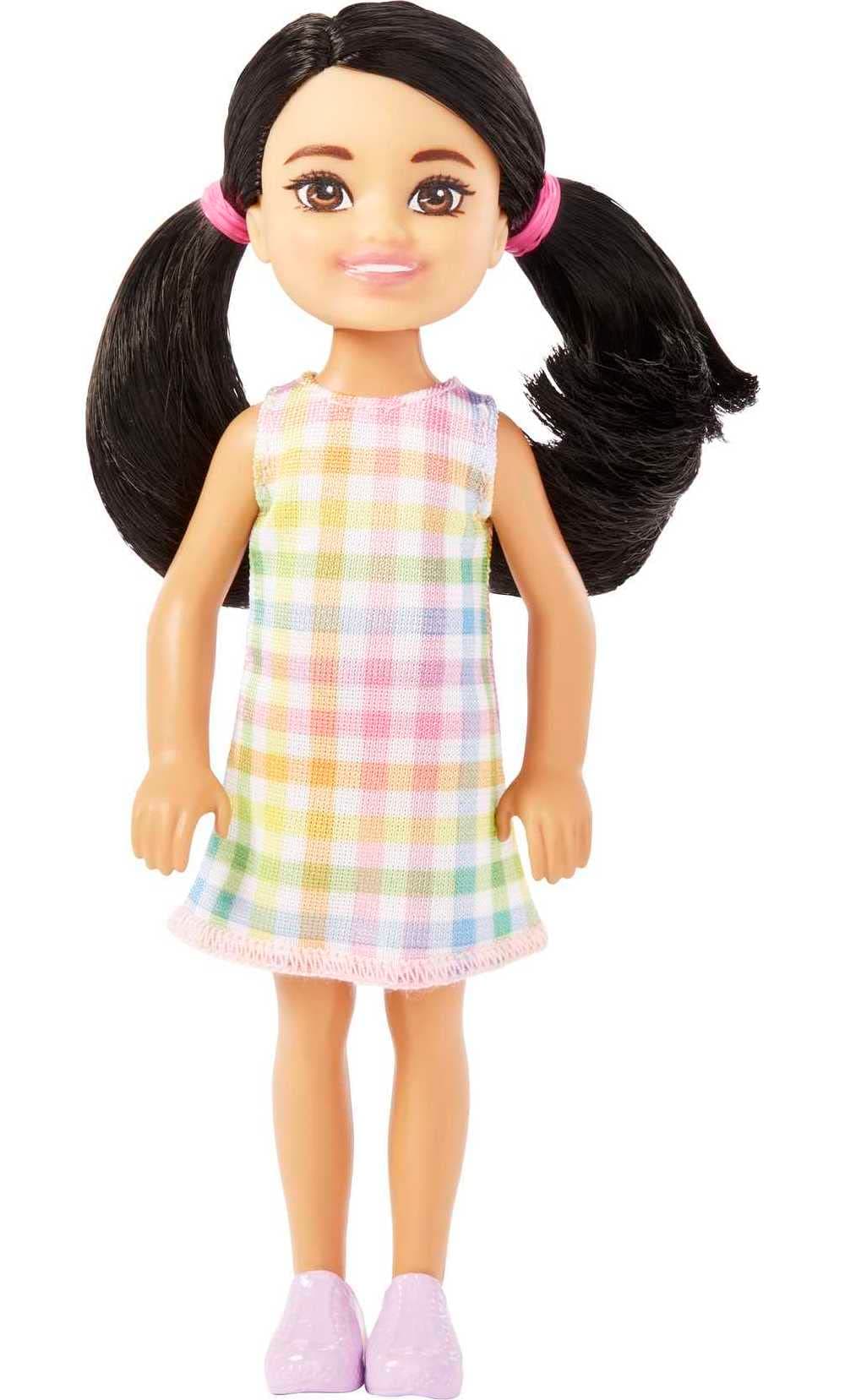 Barbie Chelsea Doll, Small Doll with Black Hair in Pigtails & Brown Eyes Wearing Removable Plaid Dress & Pink Shoes