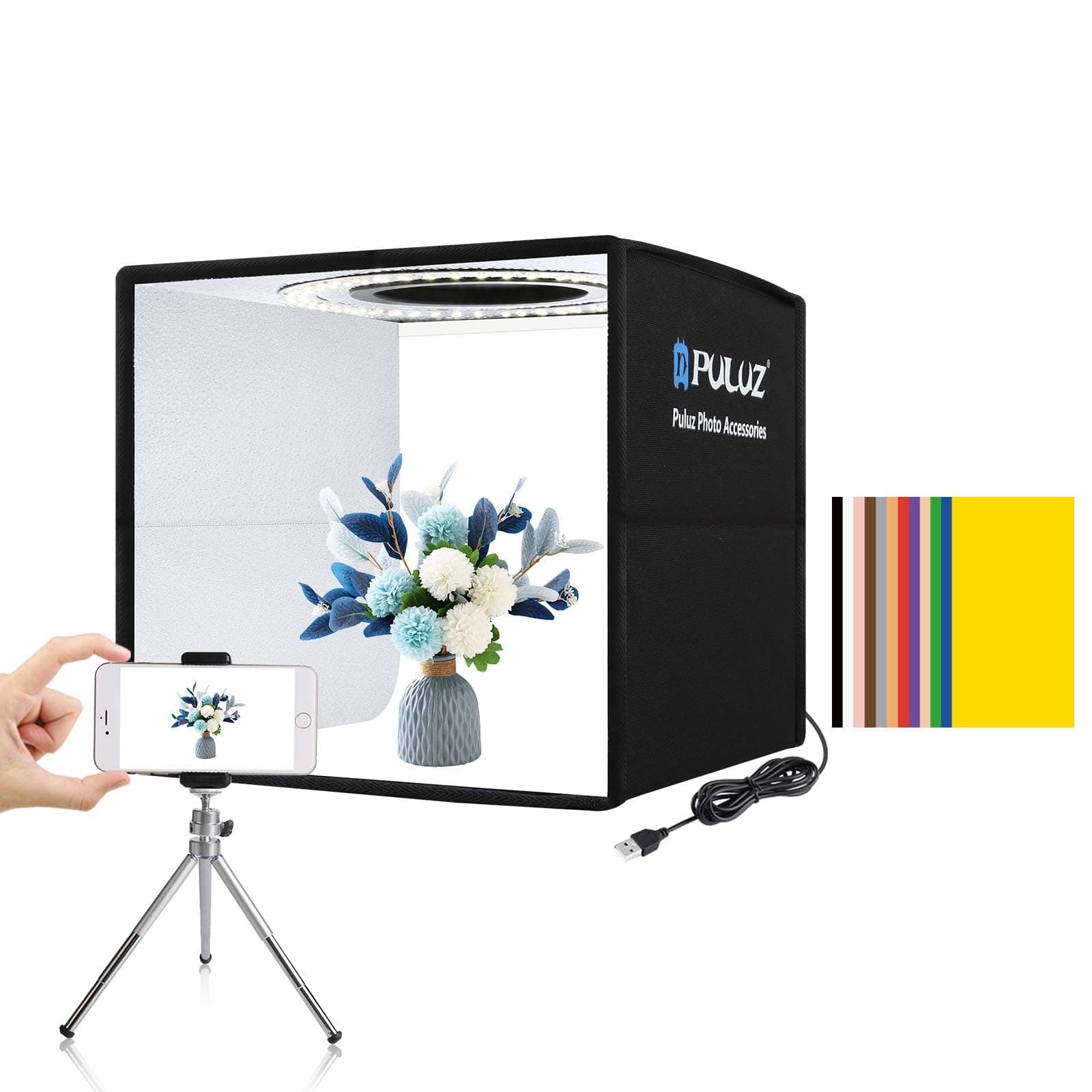 PULUZ Light Box Photography, 12"x12" Professional Dimmable Shooting Tent Kit with CRI >95 White Lighting 112 LEDs Lights + 6 Photo Backdrops for Product Display (25 * 25cm/10 * 10inch)