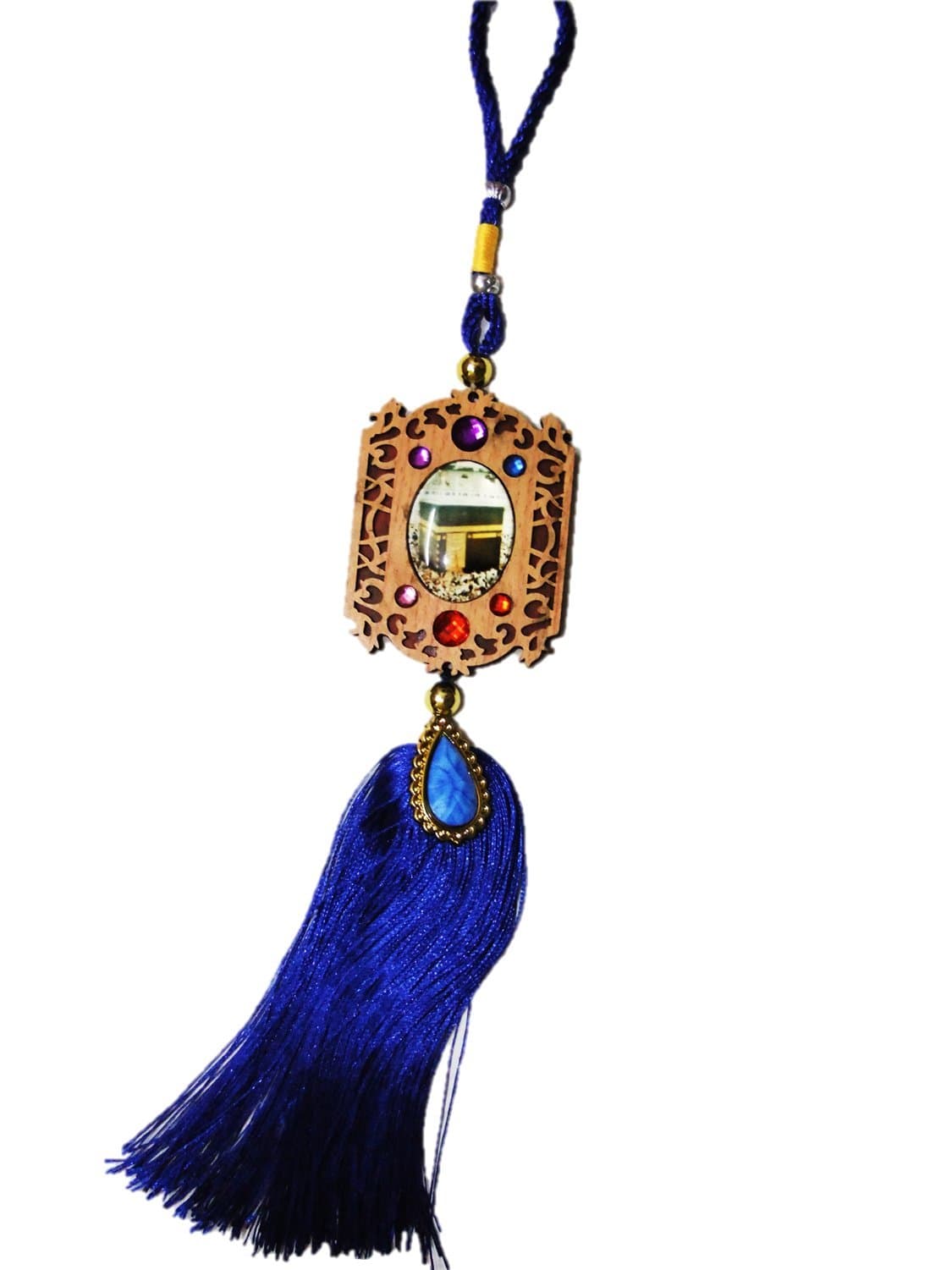 Muslim Car Hanging Ornament Islamic MECCA and DUA SAFAR( Travel) in Arabic Text Wooden Engraved with Crystals and Handcrafted Best Muslim Gift . (Blue)
