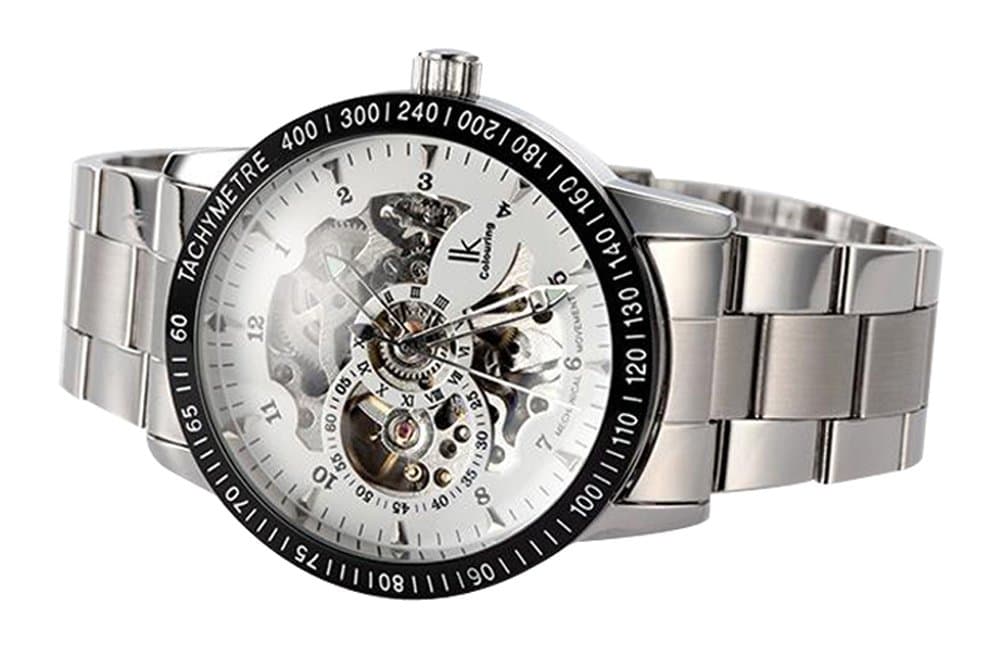 Silver IK Stainless Steel Automatic wristwatches Skeleton Mechanical Wrist Watch Hollow