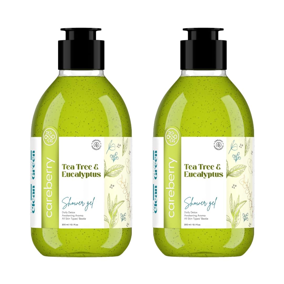 Careberry Tea Tree & Eucalyptus Daily Detox Shower Gel 300ml (Pack of 2) - Awakening Aroma, Organic Ingredients, Sulphate & Paraben Free, Suitable for All Skin Types