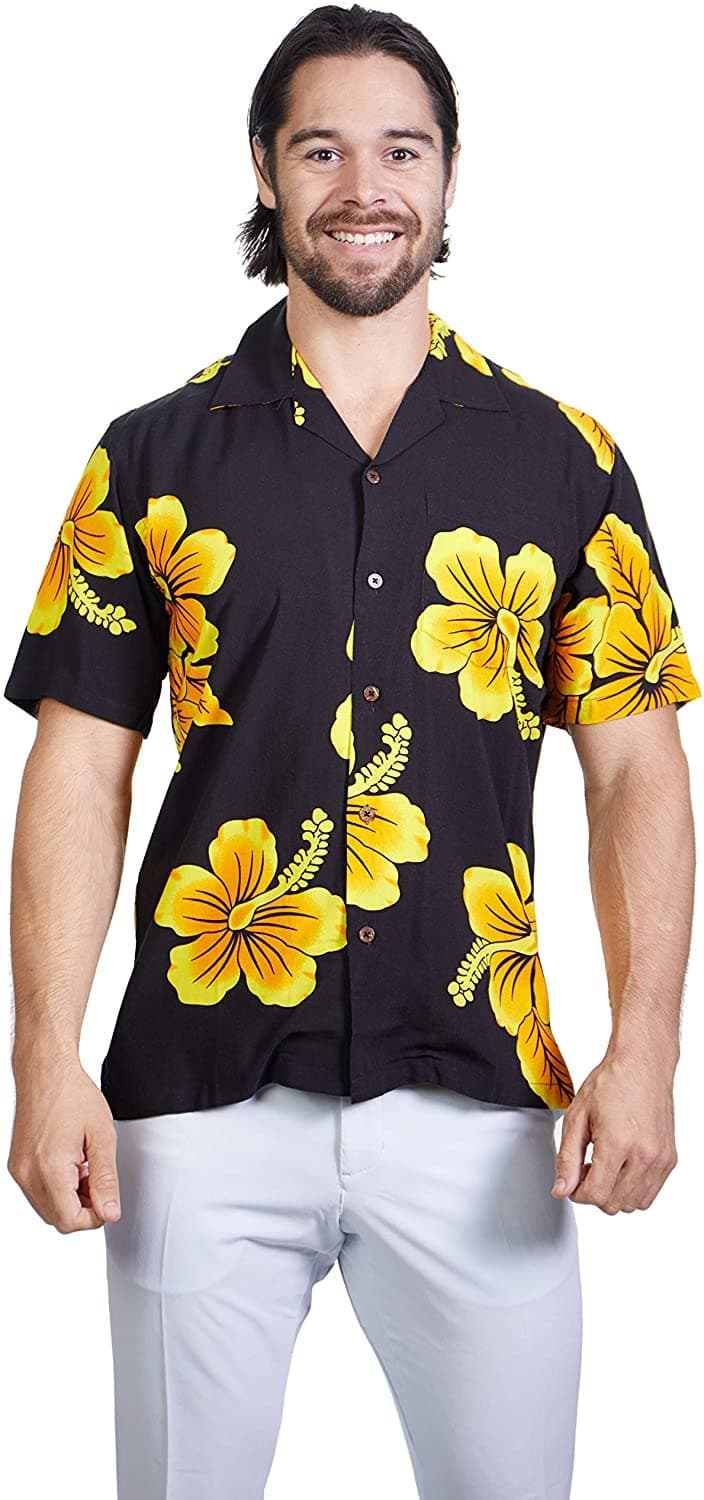 Favant Tropical Luau Beach Hibiscus Floral Print Men’s Hawaiian Aloha Shirt (Small, Black/Yellow)