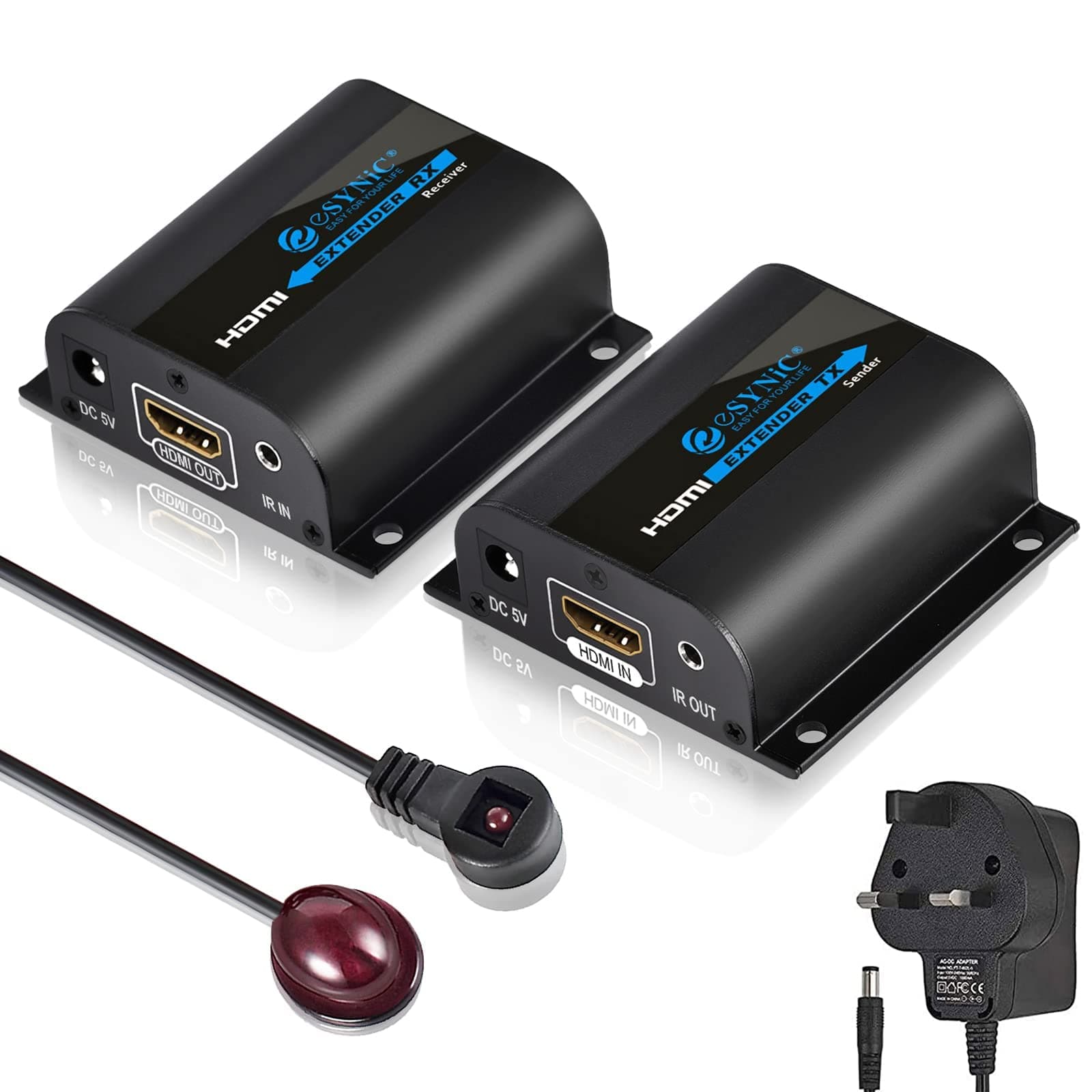 eSynic Professional HDMI Extender POC 1080P HDMI Extender Splitter 60m HDMI Transmitter and Receiver With IR Using Cat 6 Cat 7 Ethernet Cable for PS3 PS4 Satellite Box etc