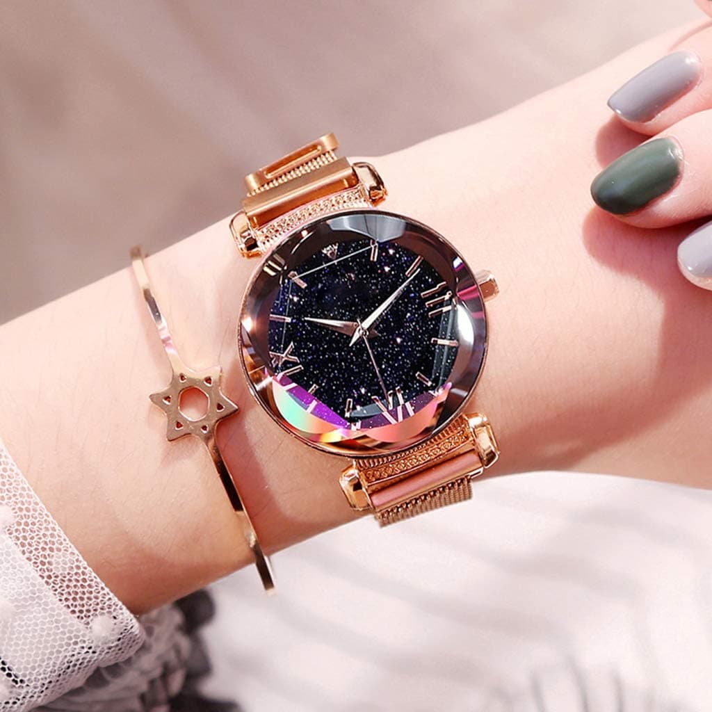 Starry Sky Watch Female Quartz Watch Magnetic Strap and Bracelet Set Watch Girl Fashion Watch Waterproof Leisure Watch Personality Creative Watch 34mm (Gold)
