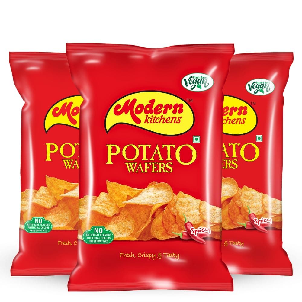 Modern Kitchens Spicy Potato Wafers Combo Pack | 100% Vegan | Fresh, Crispy & Tasty Chips Combo | Perfect for Snacking | No Preservatives & No Artificial Flavour & Colour - 480gm (pack of 3)