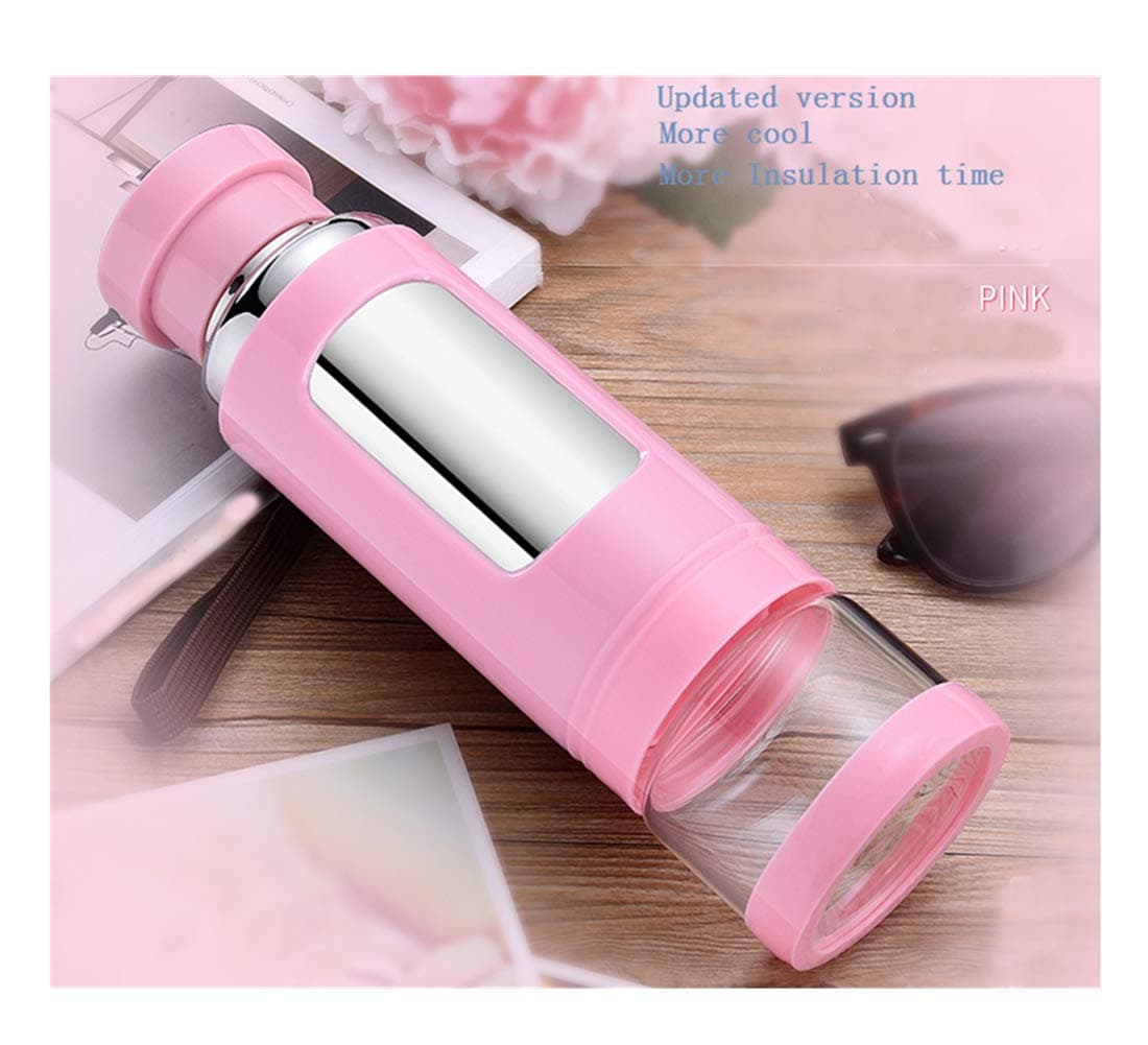 Sports Water Bottle - Travel Mug - Tea Tumbler Tea cup with Strainer filter - Glass water bottle - Tea Infuser - Fruit Infuser 14oz (Pink Upgraded version)