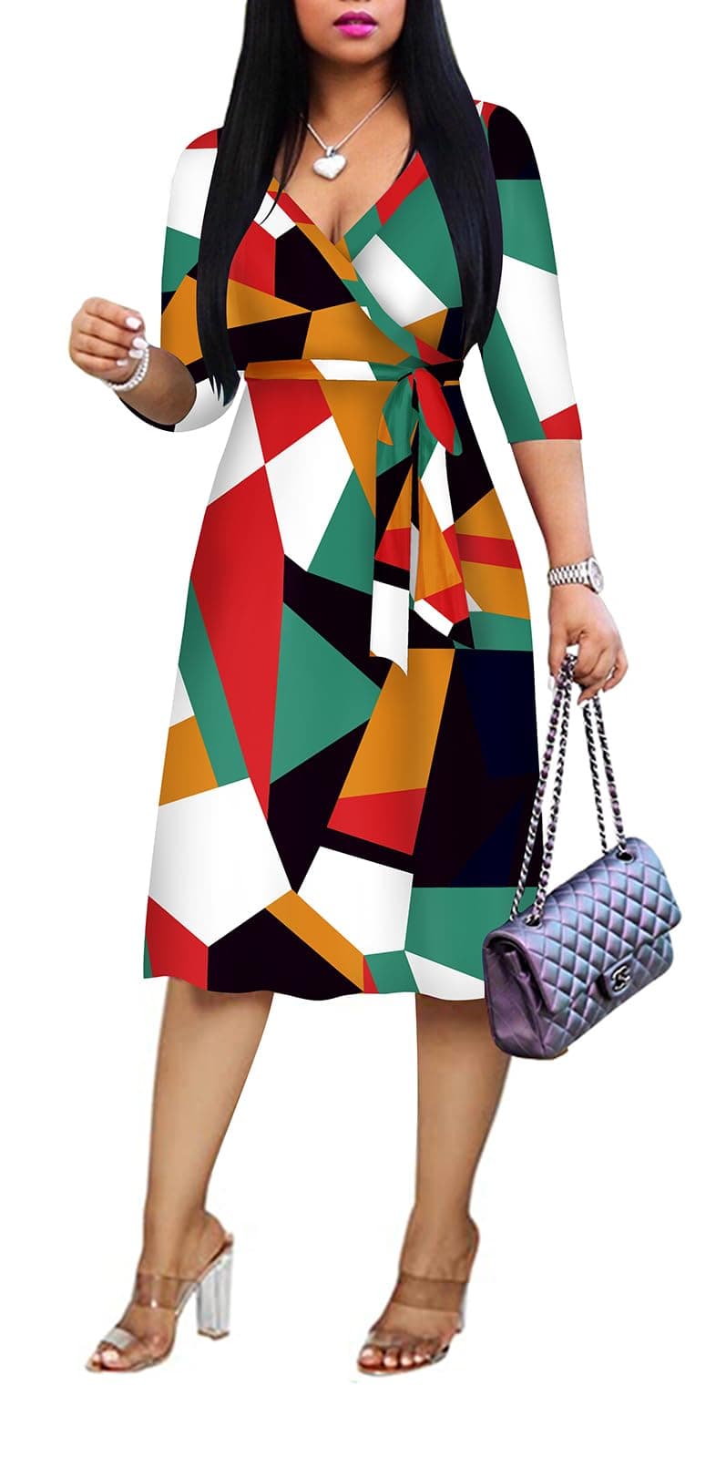 Women's Plus Size Faux Wrap Cocktail Party Dress for Women, Dresses for Women, 3/4 Sleeve Deep V Neck Swing Wrap Floral Midi Dress with Belt, Milticolor Red, XXL