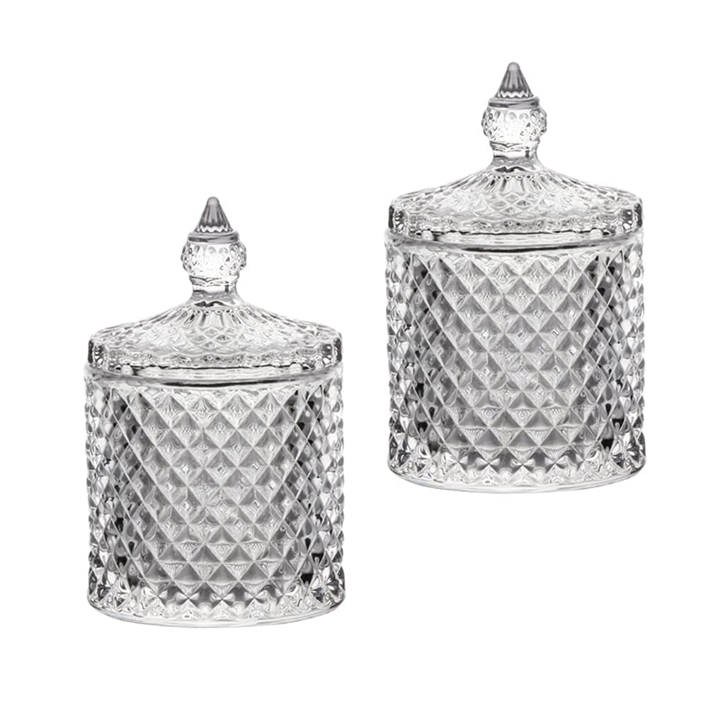 Cotton Ball and Swab Holder Organizer,Home Decor Clear Glass Bathroom Vanity Countertop Canister Jars with Lid, Room Decor Apothecary Jars Holder Makeup Organizer for Pads,Bath Salts 8.8OZ Set of 2