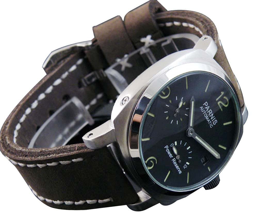 44mm Bow Glass Fanmis Black Dial Power Reserve Mens Automatic Watch Brown Cow Leather Strap