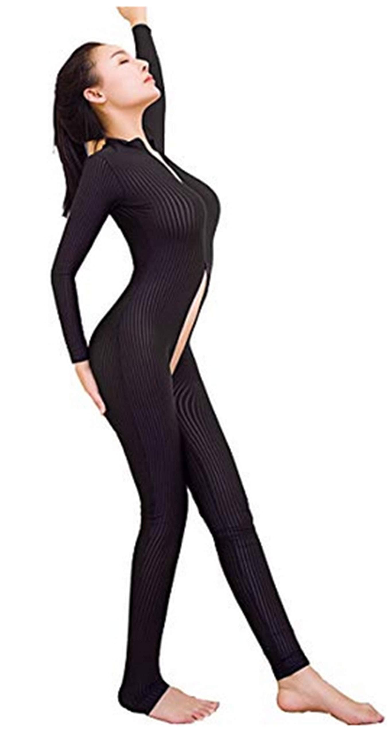 Sexy Sheer Opaque Front Zip Vertical Stripes Spandex Zentai Catsuit Bodysuit Night Club Costume (One Size)