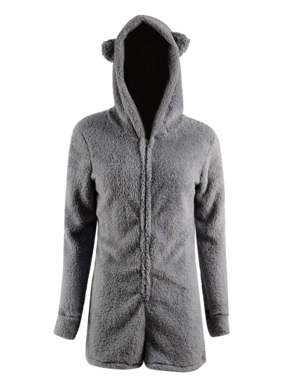 Missfamo Ladies Cute Long Sleeve Sleepwear Fleece Hooded Cozy Sherpa Romper Fluffy Pajamas Short