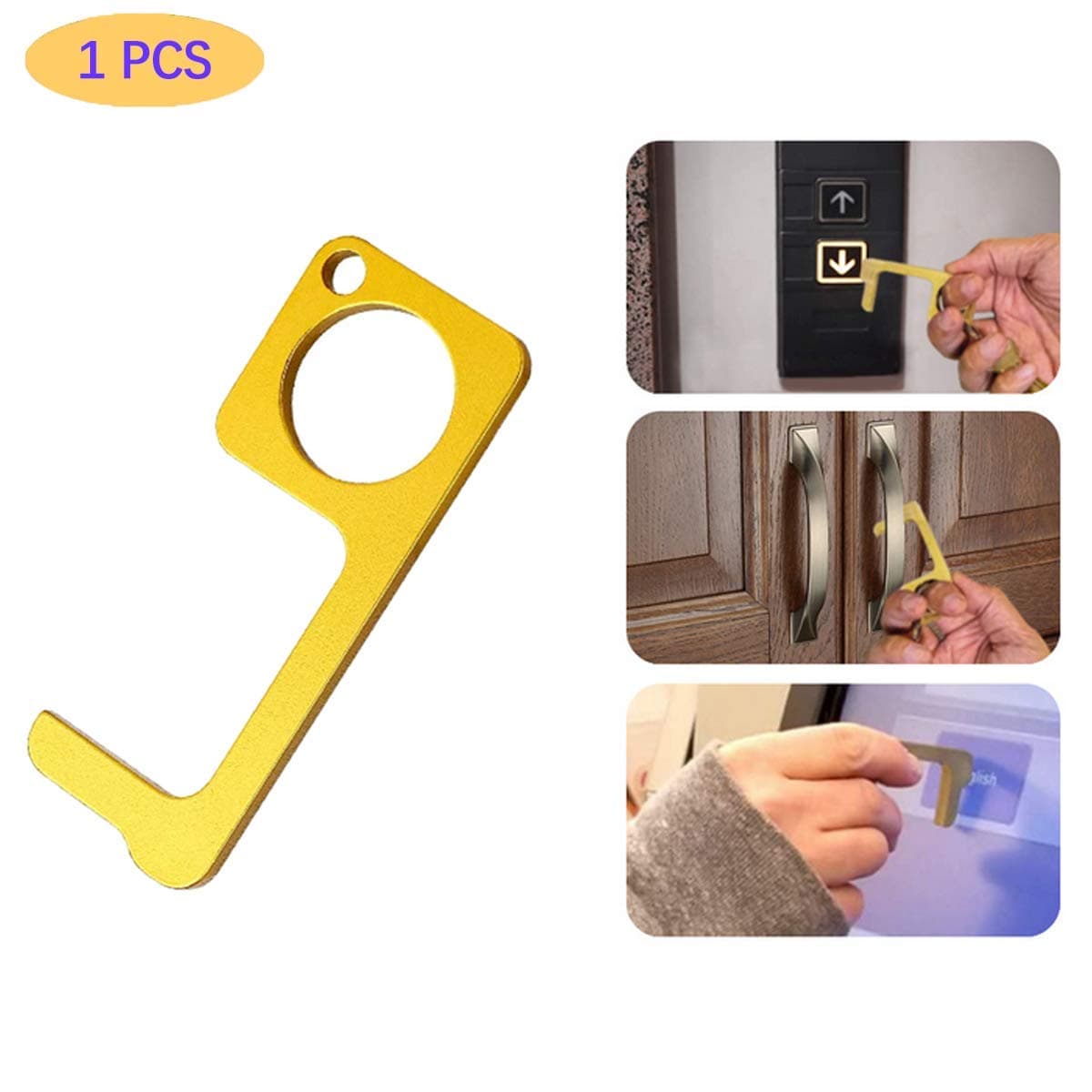 EDC Door Opener, Contactless Brass Door Opener, Hygienic Door Handle, Portable Contactless Button Tool, Door Handles Clean Elevator Buttons Safety Protection Brass Key, Key Utility Tool-1 PCS