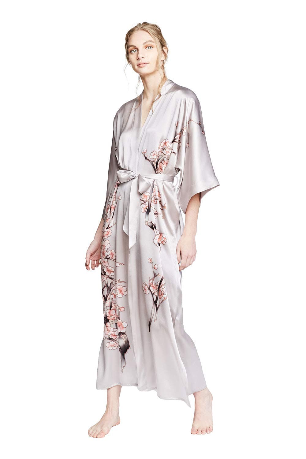 KIM+ONO Silk Kimono Robe Long - Handpainted Cherry Blossom - Dream (Grey), 100 Percent Silk Robes for Women with Handpainted Design, Long Silk Robe 52 inches in Length, One Size Fits Most.