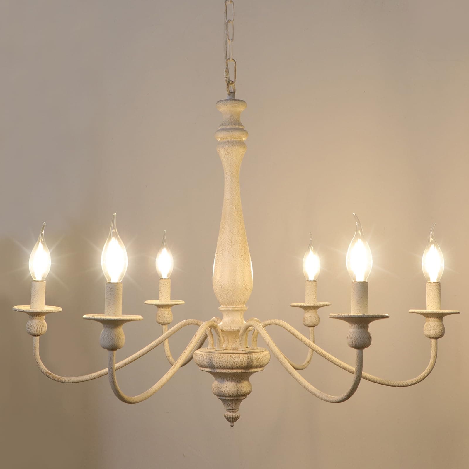Wood Farmhouse Chandelier Distressed White French Country Industrial Lamp Ceiling 6-Light Vintage Rustic Retro Pendant Lighting for Dining Living Room Bedroom