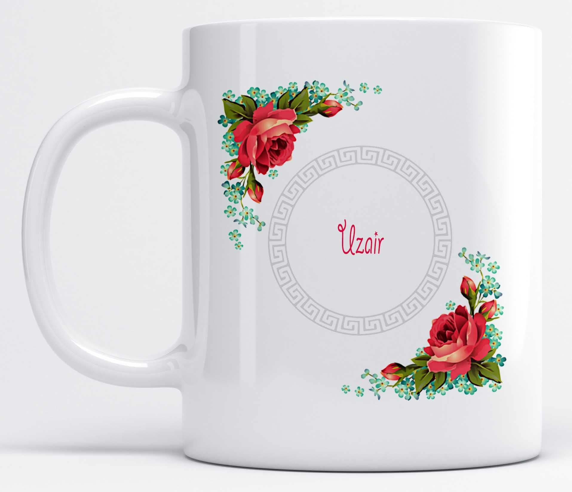 LOROFY Beautiful Floral Design Name Uzair Printed Ceramic Coffee Mug (350ML)
