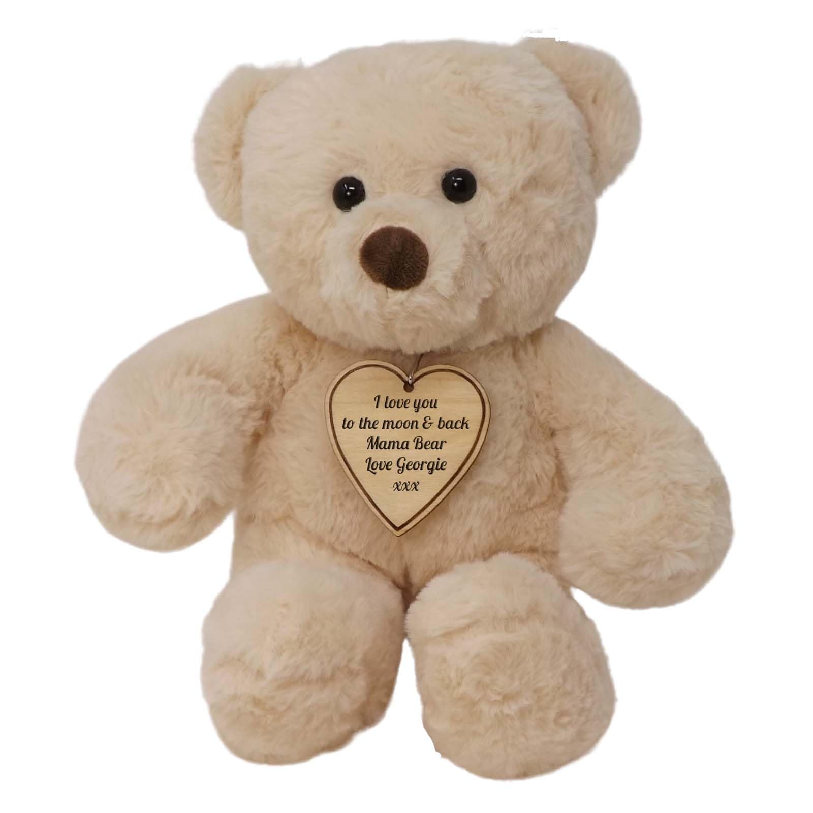 Personalised Teddy Bear with Wooden Heart Tag Great Gift For Birthdays, Weddings, Anniversaries, Thank You.