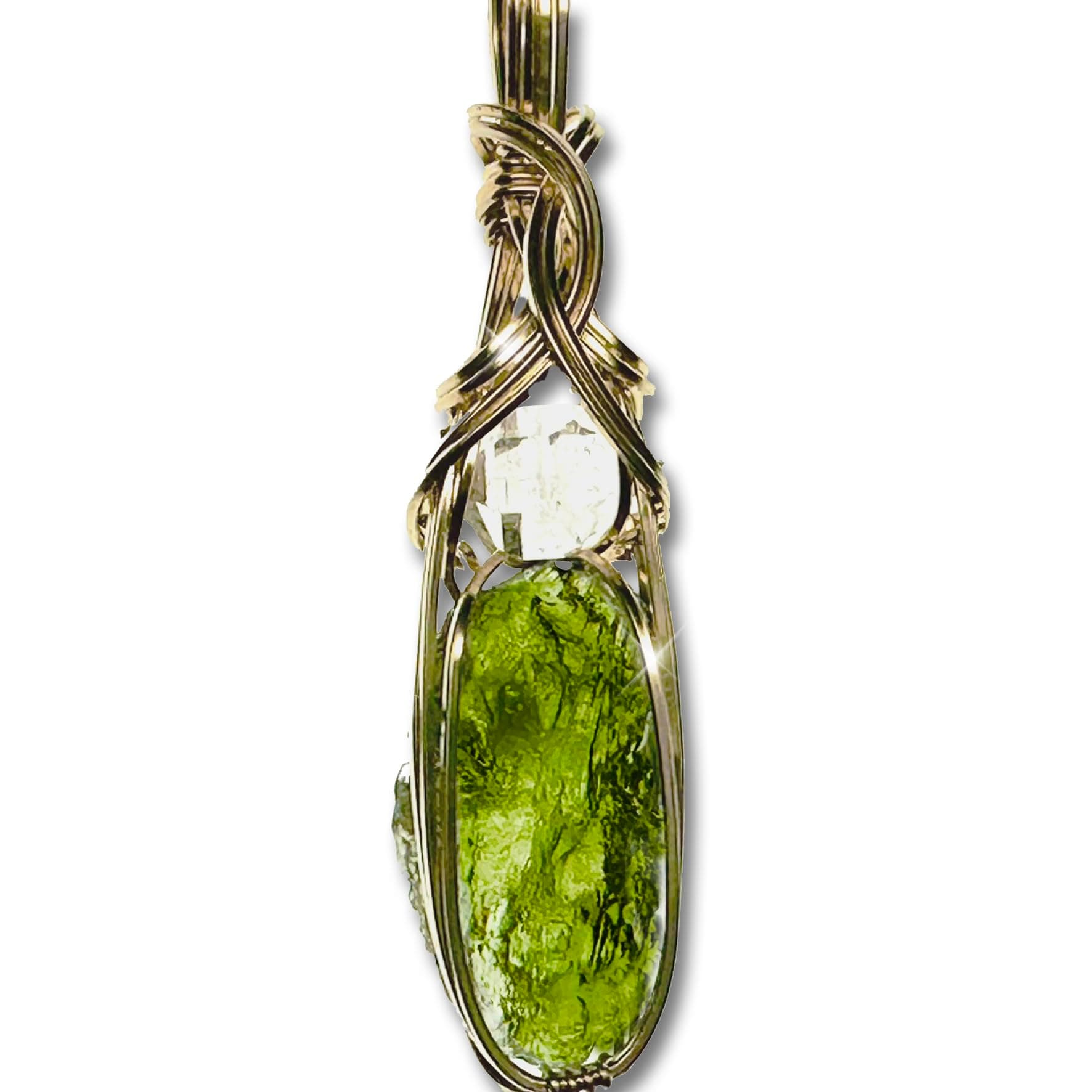 Genuine Moldavite Crystal - Large Herkimer Diamond Necklace Pendant - VERY high vibration Czech Republic Tektite Healing Stone Reiki S61 (Gold Filled, 3.3 gram moldavite, S)