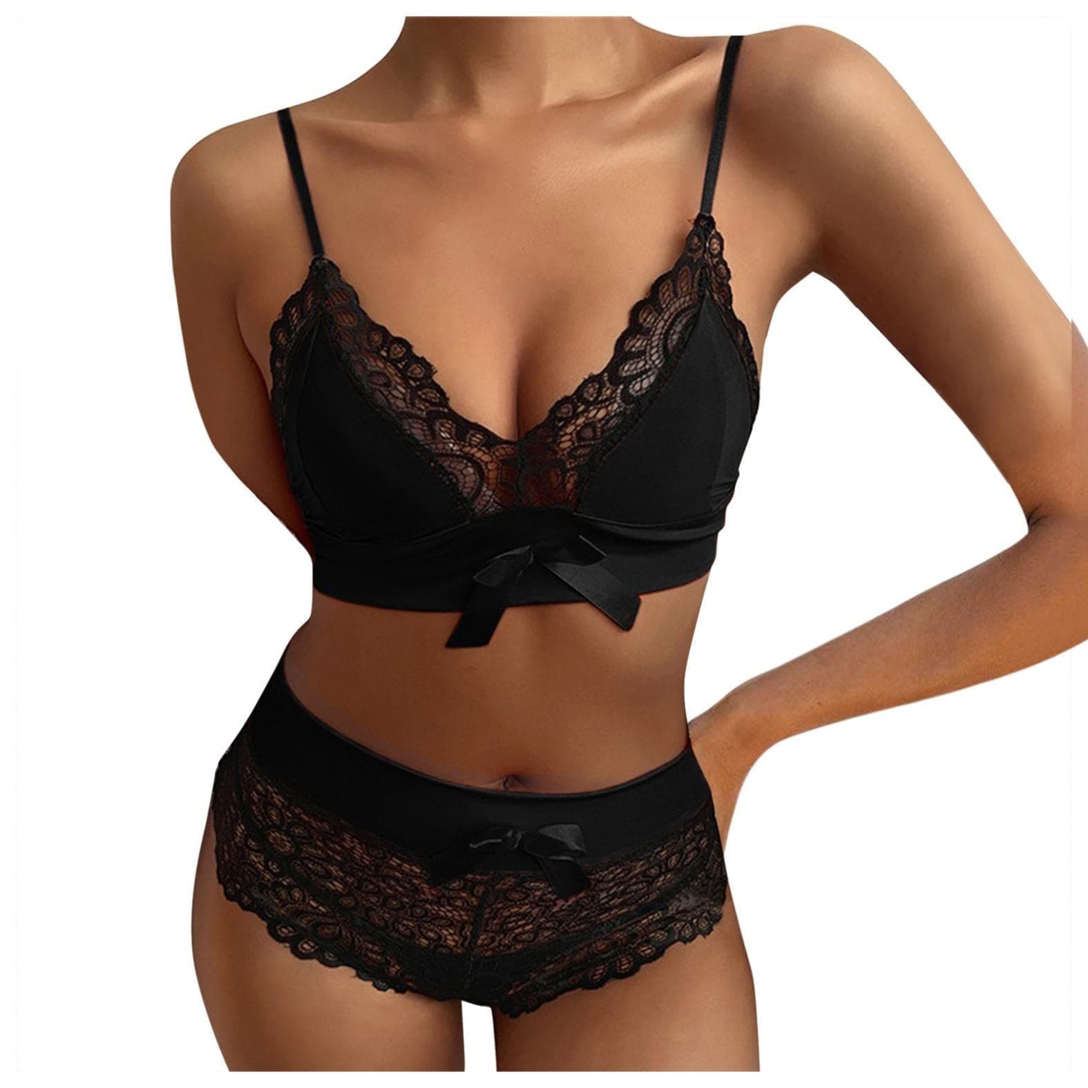 Women's Sexy Lace Lingerie Set 2 Pieces Bowknot Sling Bra and Panty Set, Naughty Underwear Set High Waist Nightwear Bralette Knicker Set for Valentine Honeymoon