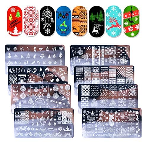 Tingbeauty 8PCS Nail Art Stamping Plates Christmas Snowflake Santa Christmas Socks Tree Bell Nail Stamp Template for DIY Nail Decoration