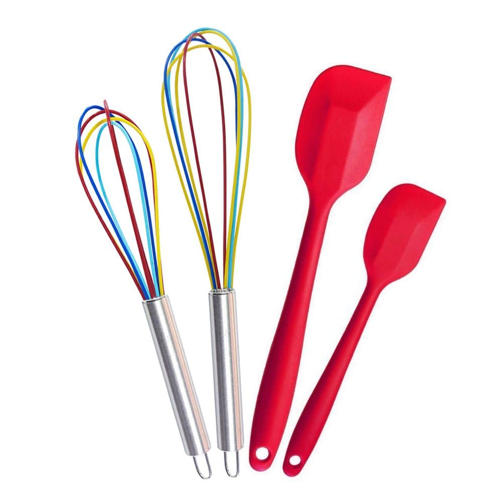 Stainless Steel Silicone Kitchen Utensils Cooking Set Heat Resistant Utensils Cookware 4-Pieces - 2 Silicone Whisk Set and 2 Silicone Spatula Set for Blending, Whisking, Beating