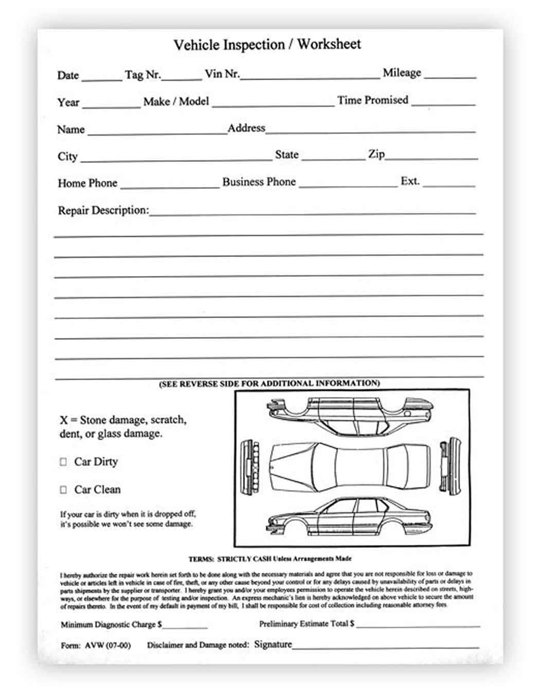 Vehicle Inspection Worksheet (Car Dealer Service Body Shop Form) (1 Pad of 100)