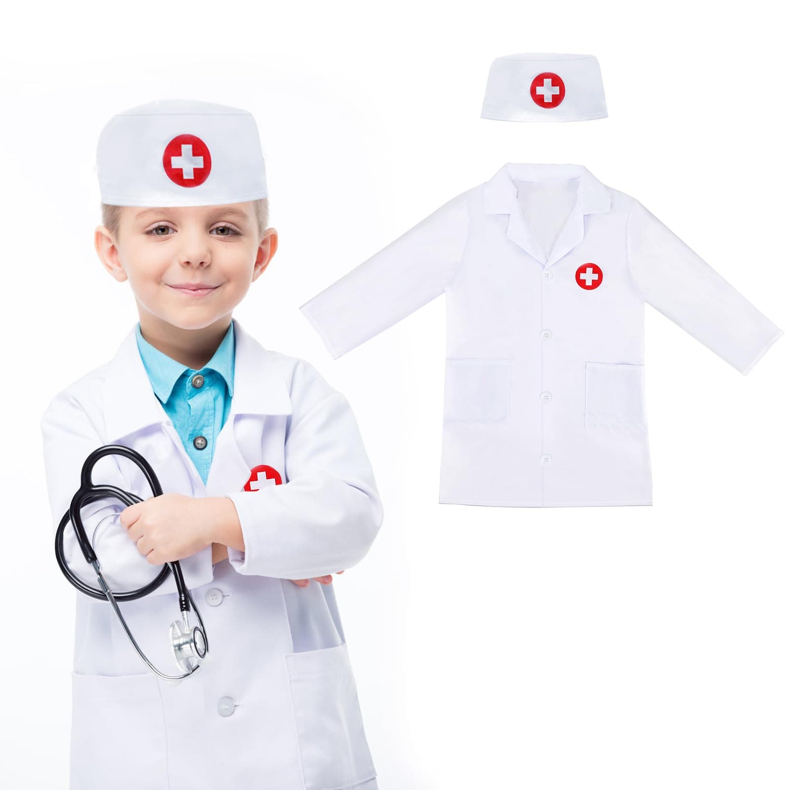 Doctor Costume for Kids,Lab Coat Children's Doctors Costume Accessories Doctor Role Play Outfit with Doctor Hat Set for Girls Boys Kids Gifts Birthday Gifts Party Supplies for 1-1.2m(White)