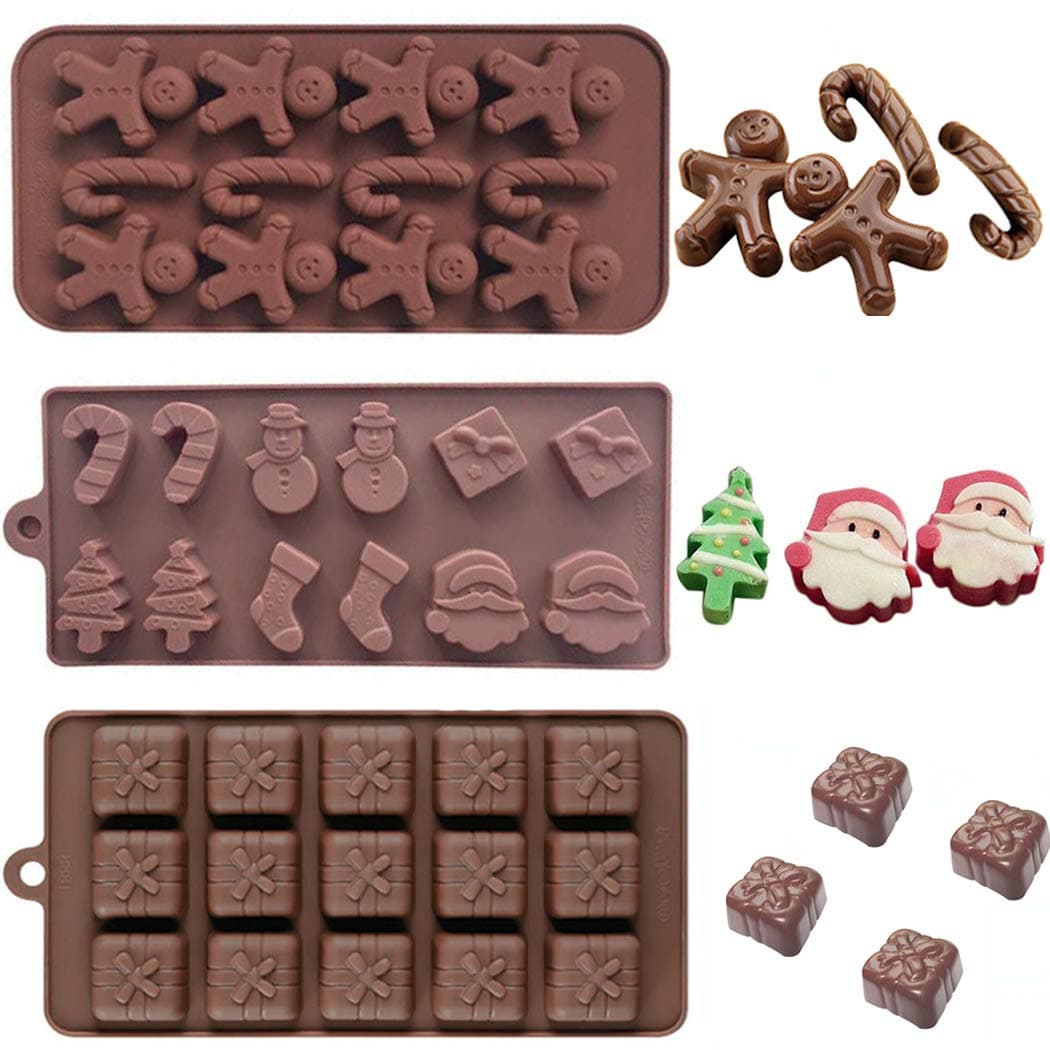 Christmas Silicone Chocolate Fondant Moulds Santa Claus Snowman Gift Box Xmas Tree Gingerbread Pudding Chocolate Candy Cookie Baking Mold for Cake Cupcake Decorating Sugarcraft Molds DIY Pack of 3