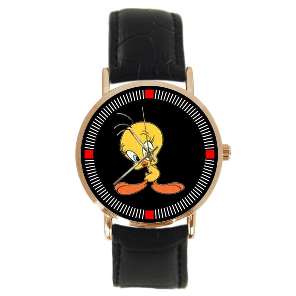 Ren Zheng Tweety Looney Tunes Custom Leather Sports Men and Women Fashion Gold Watch Neutral, gold