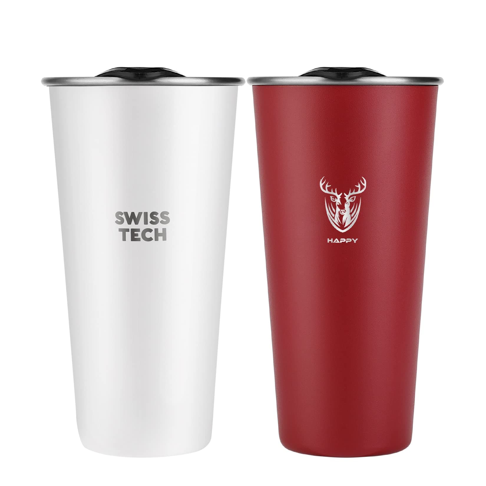 16oz Stainless Steel Cups, 2 Pack Double Wall Pint Cup Glasses, Insulated Tumbler with Lid, Durable Cups(Red&White)