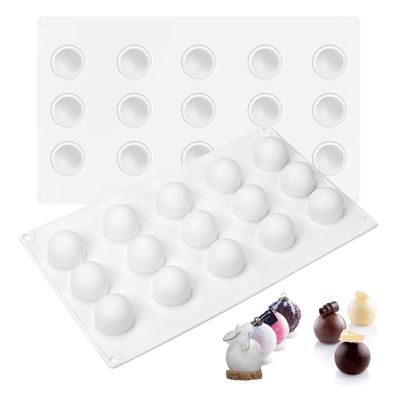 2pcs Truffle Sphere Silicone Mould, 15Cavity Mini Cake Ball Mould, 3D Silicone Baking Mould for Cake Decoration Dessert Mousse Pastry Chocolate Jelly Ice Cream, Round Ball Shape