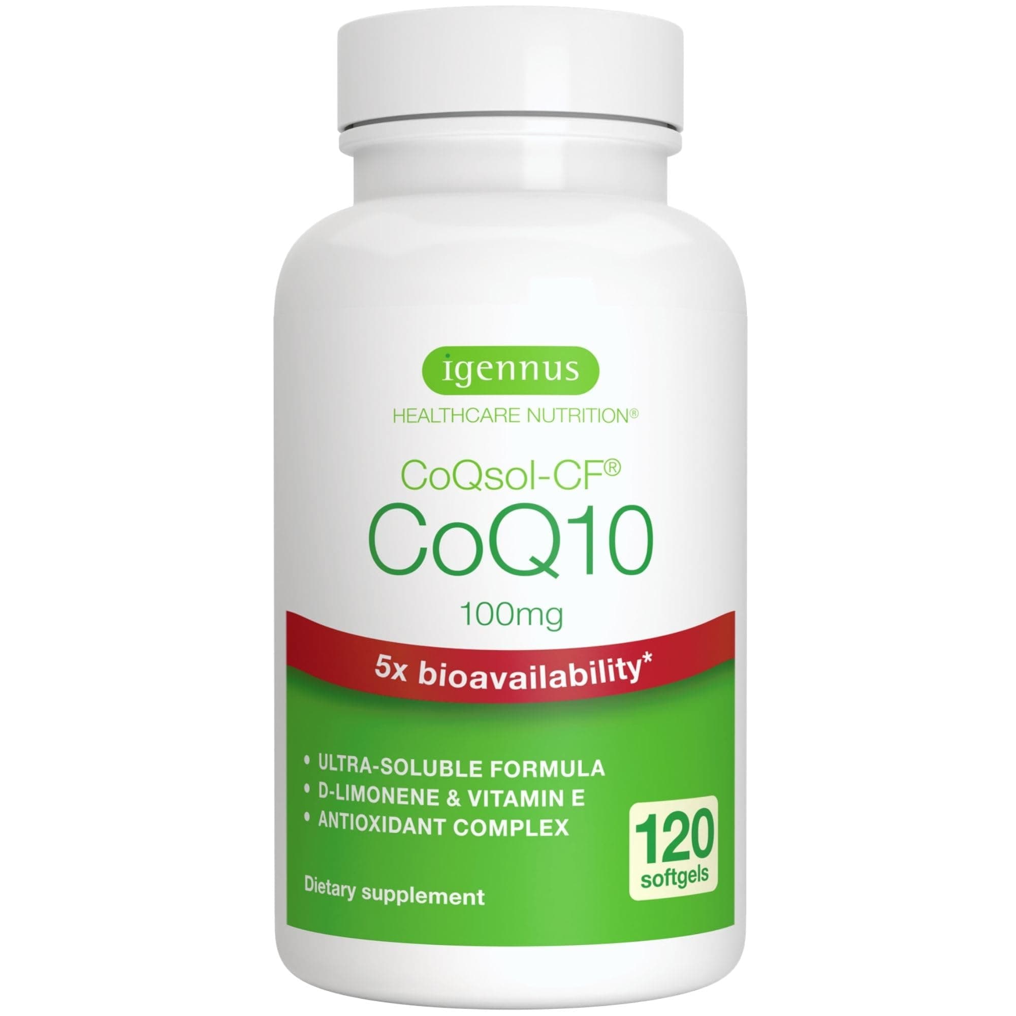 Igennus Advanced CoQ10 100mg, 5X Bioavailability CoQsol-CF Boosted with D-Limonene, 120 1-a-Day Servings, Heart & Energy, Ubiquinone Coenzyme Q10 & Vitamin E Antioxidant