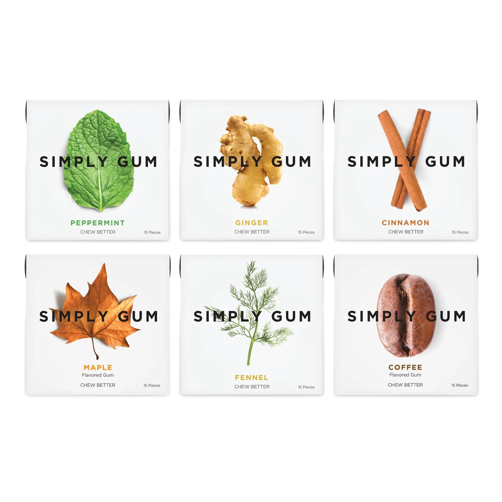 Simply Gum | Variety Pack - Peppermint, Cinnamon, Ginger, Fennel, Maple, Coffee | Synthetic Free + Aspartame Free + non GMO