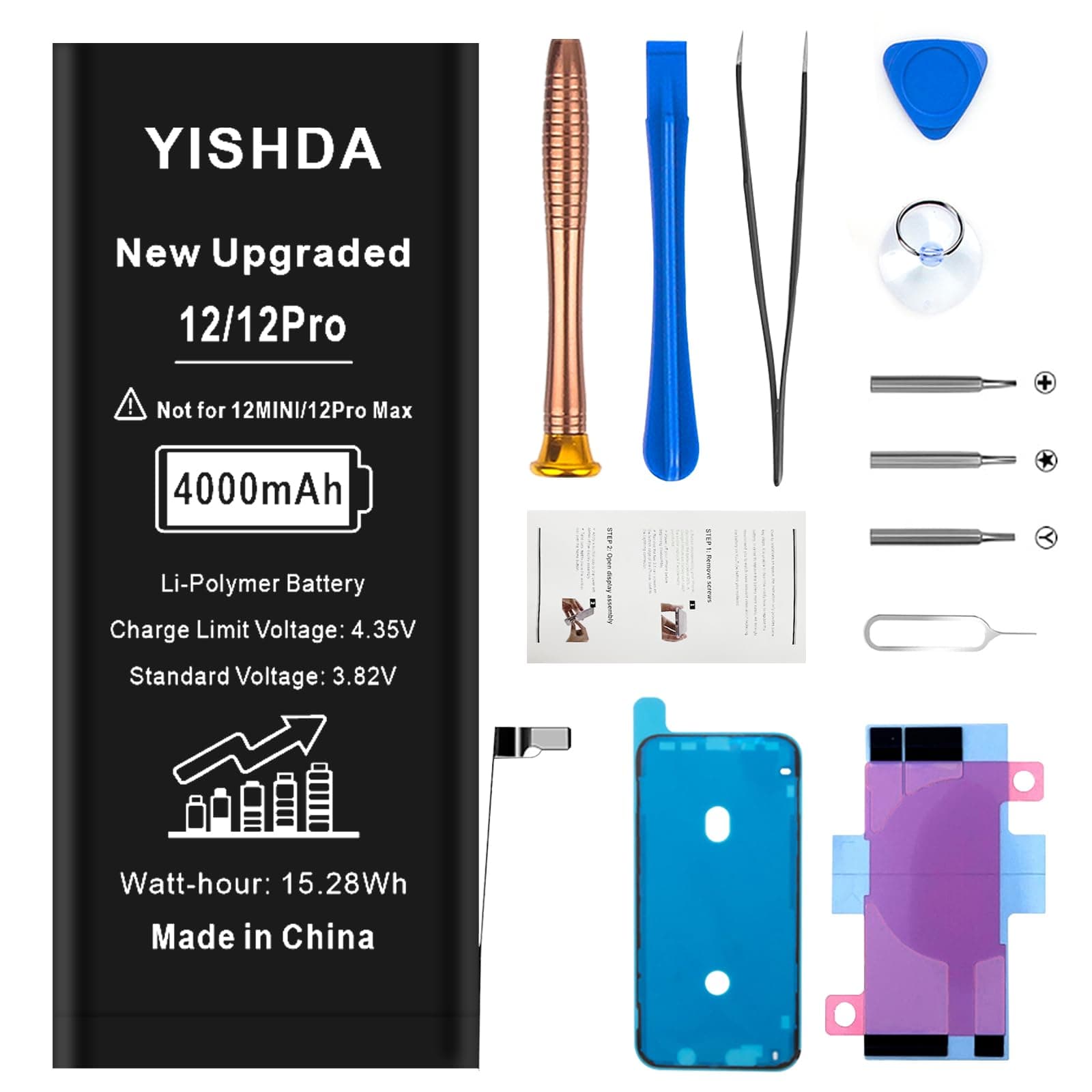 YISHDA [4000mAh] Battery for iPhone 12/12pro 6.1 Inch Ultra High Capacity Replacement Battery for iPhone 12 A2172 A2402 A2403 A2404 with Professional Repair Tool Kit and Instruction