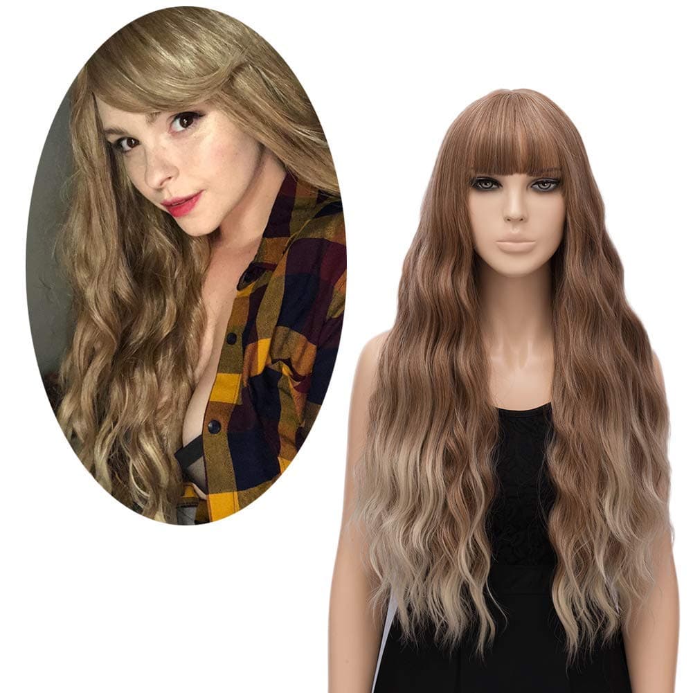 FiveFour Women's Ombre Blonde Wig Long Curly Wavy Hair Wigs for Girl Heat Friendly Synthetic Party Wigs