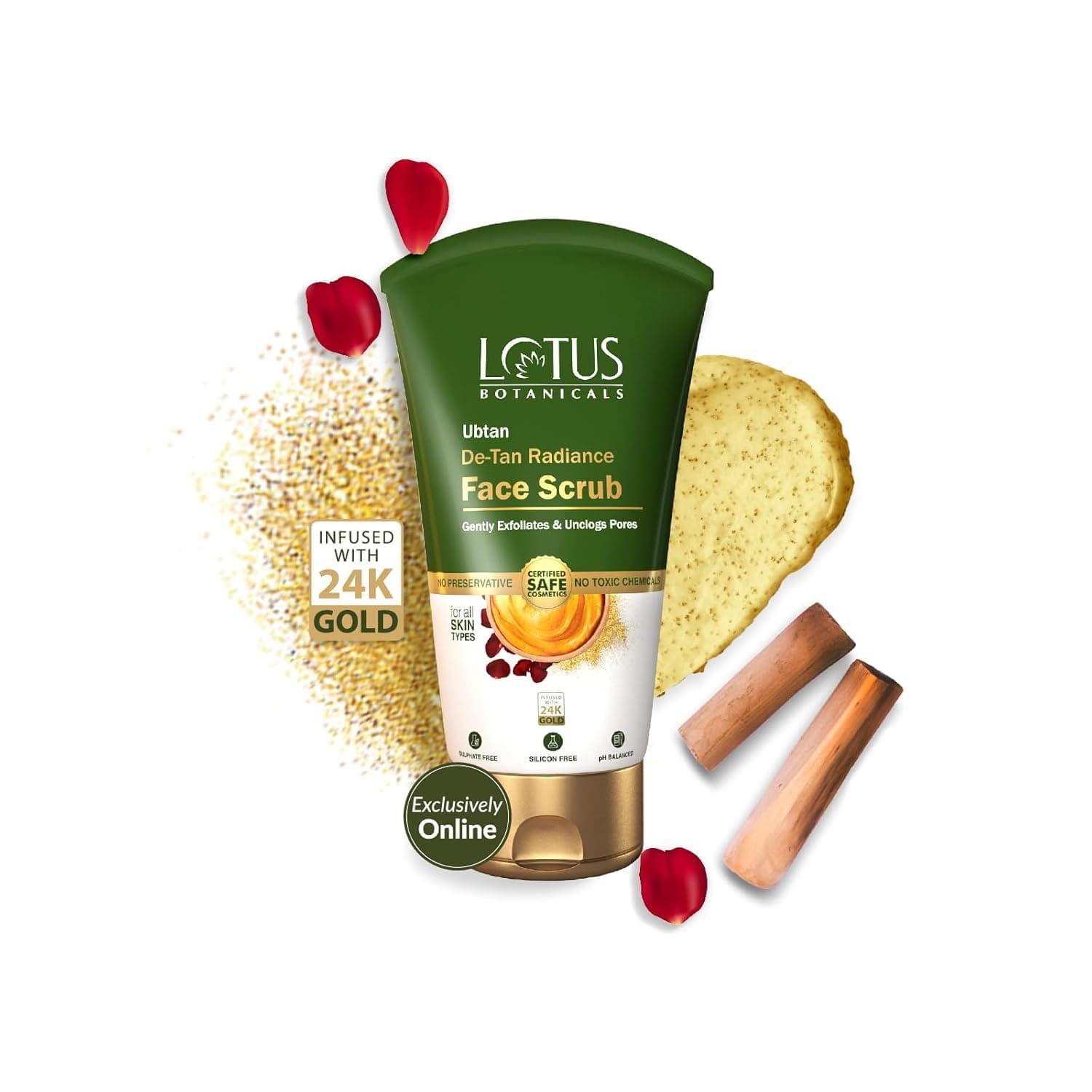 Ubtan De-Tan Radiance Face Scrub | Infused with 24K Gold | For Gentle Exfoliation, Unclogs Pores, Glowing & Rejuvenated Skin, Anti-Tan | No Silicon, No Sulphates, Non-Comedogenic, No Preservatives | 100g