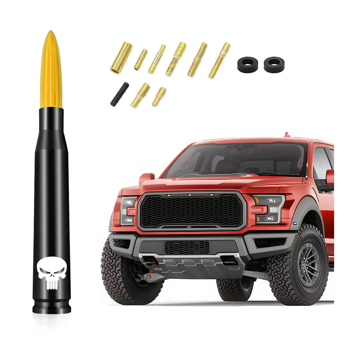 Car Truck Bullet Antenna, 5.5"x0.8" Replacement Short Antenna Mast with Screws Adapter, Skull Design AM/FM Radio Antenna, Automobile Exterior Accessories for Pickup, SUV, Vehicles (Gold)