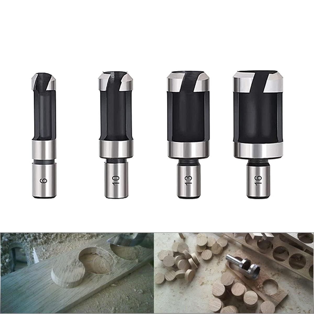 4pcs Carbon Steel Wood Plug Hole Cutter Drill Bits Set 1/4" 3/8" 1/2" 5/8" Cutting Dowel Power Woodworking Cork Hole Saw Tool Roundwood Wood Plug Tenon Drill Bit Set
