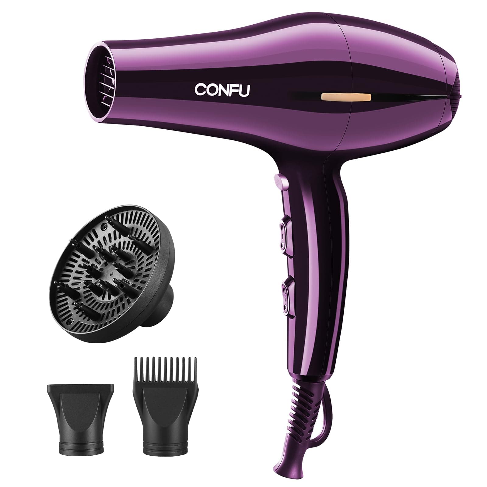 CONFU Professional Hair Dryer with Diffuser and Concentrator, 1875W Powerful Blow Dryer for Women Fast Drying and Quiet, Lightweight Hairdryer with Comb Nozzle for Curly Hair, Purple