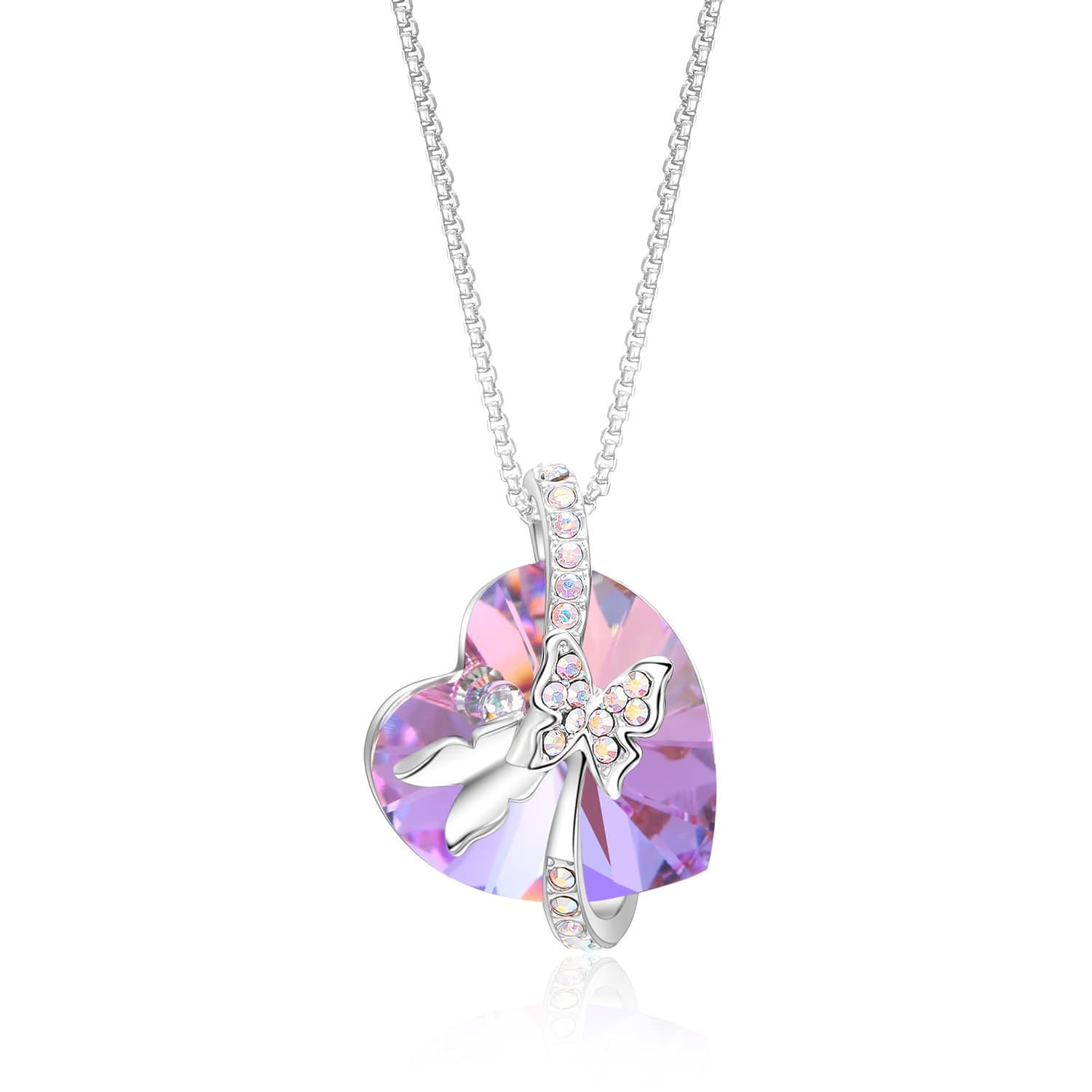MURREAR Women Heart Crystal Pendant Necklace Butterfly Pendant Mother's Day Gift (Purple)