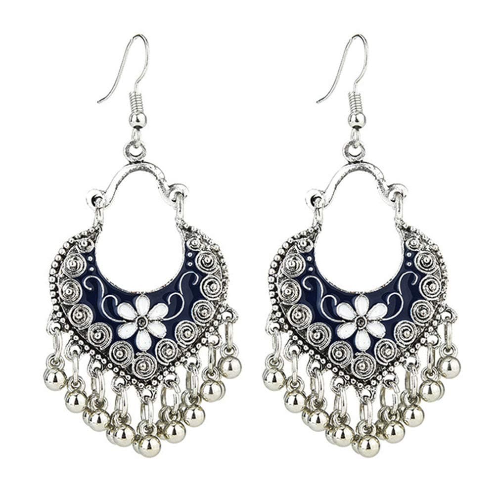 Myhouse Vintage Ethnic Style Fan-Shaped Flower Drop Glaze Metal Earrings Charm Gift, Blue