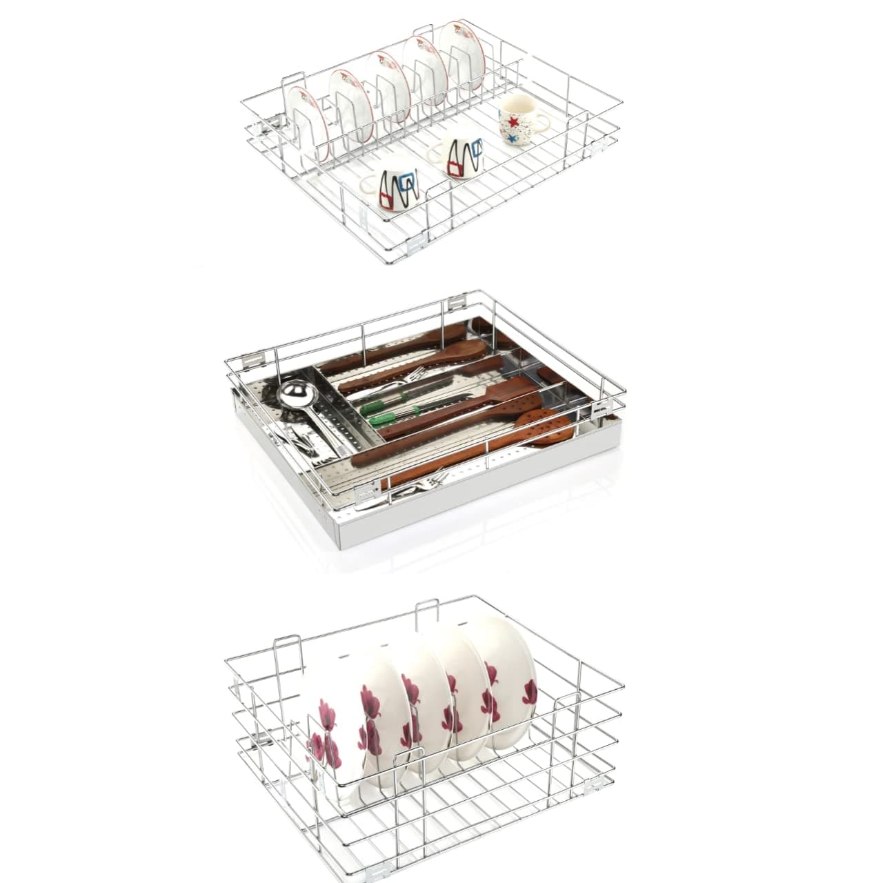 Landwood stainless steel modular kitchen basket with channel and cabinet storage drawer accessories set of 3 (18X20 INCH)